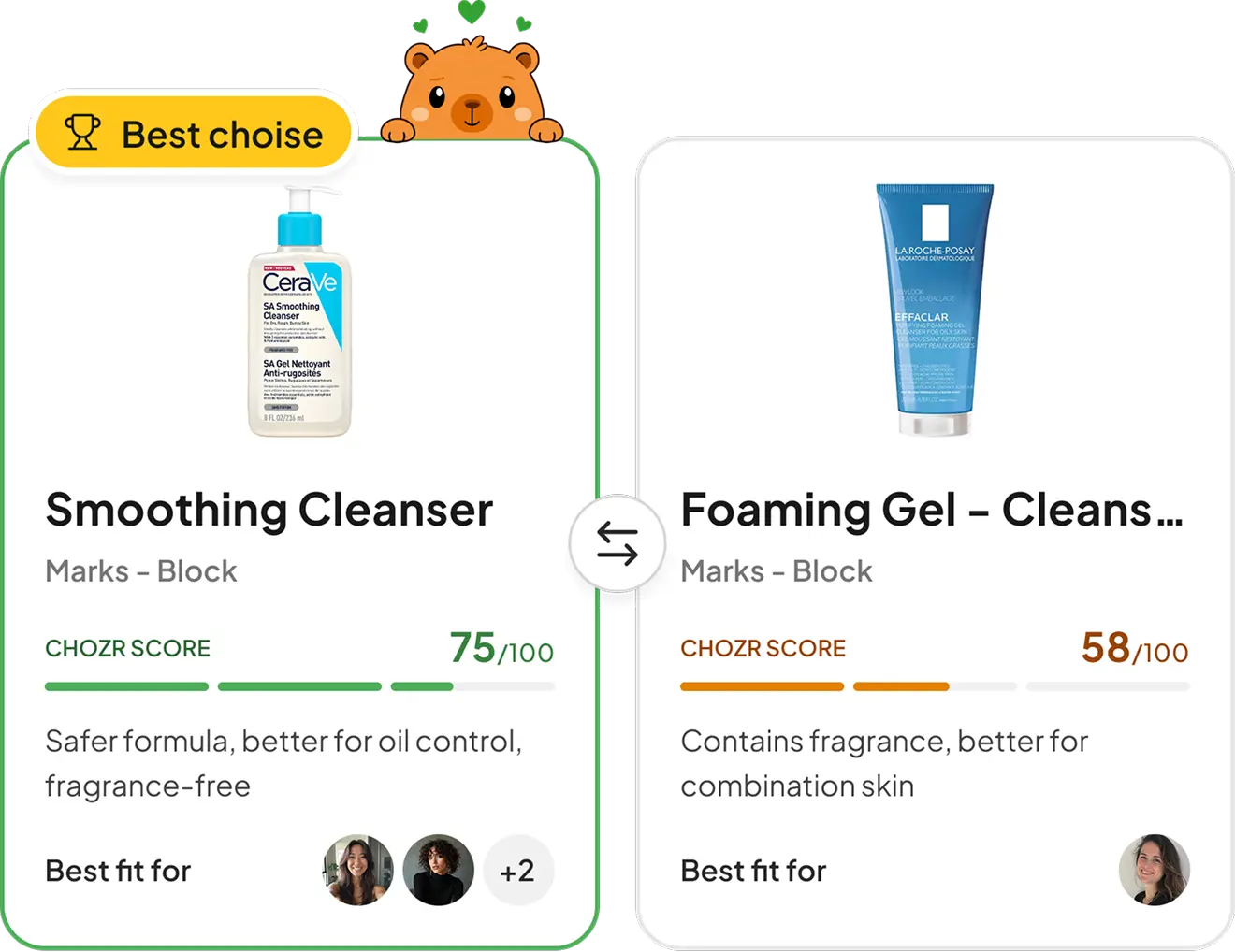 Two skincare products compared with fit scores